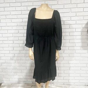 J. Crew Factory Black Smocked Square Neck Midi Dress